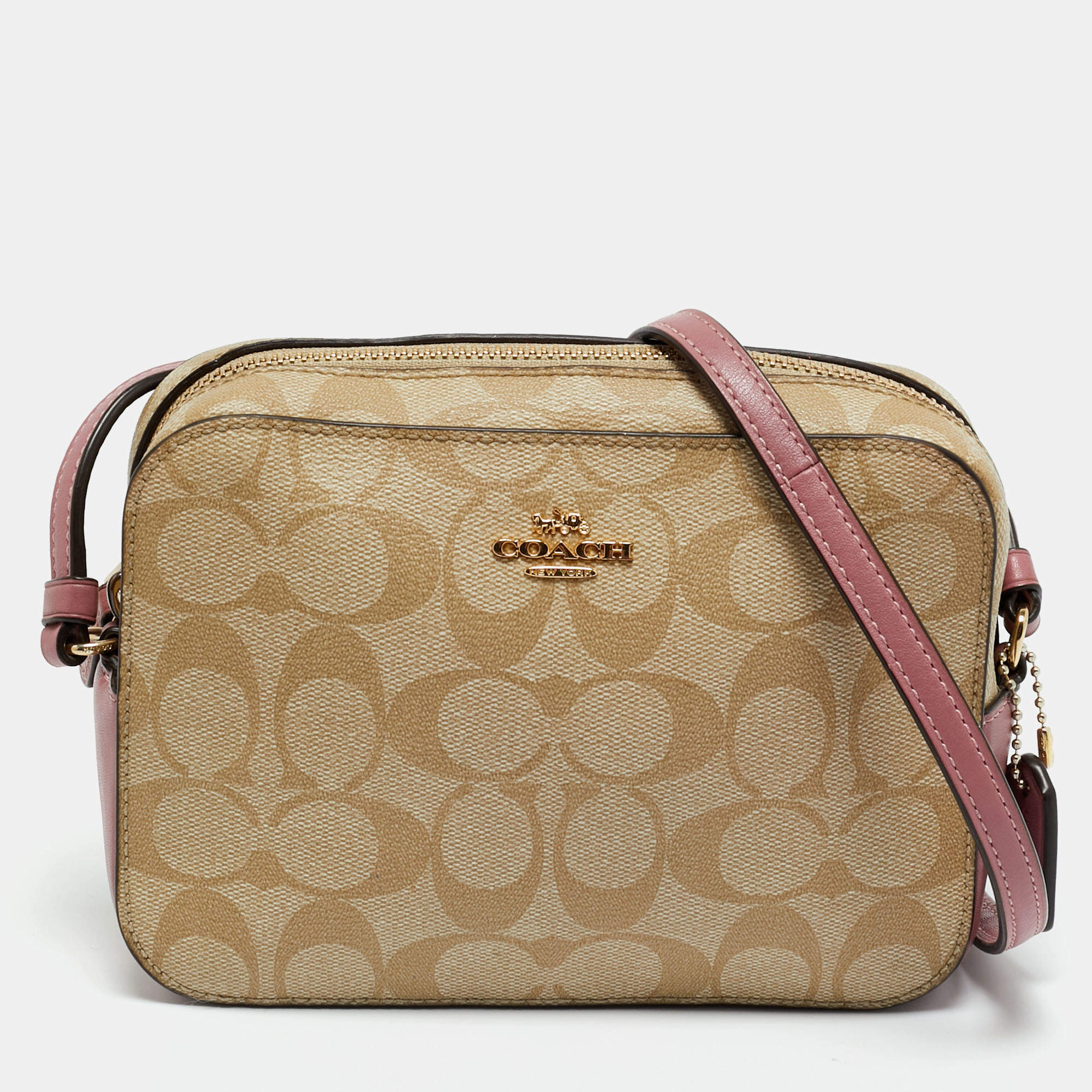 Pre Owned Coach Pink/Beige Signature Coated Canvas and Leather Mini Camera Crossbody Bag