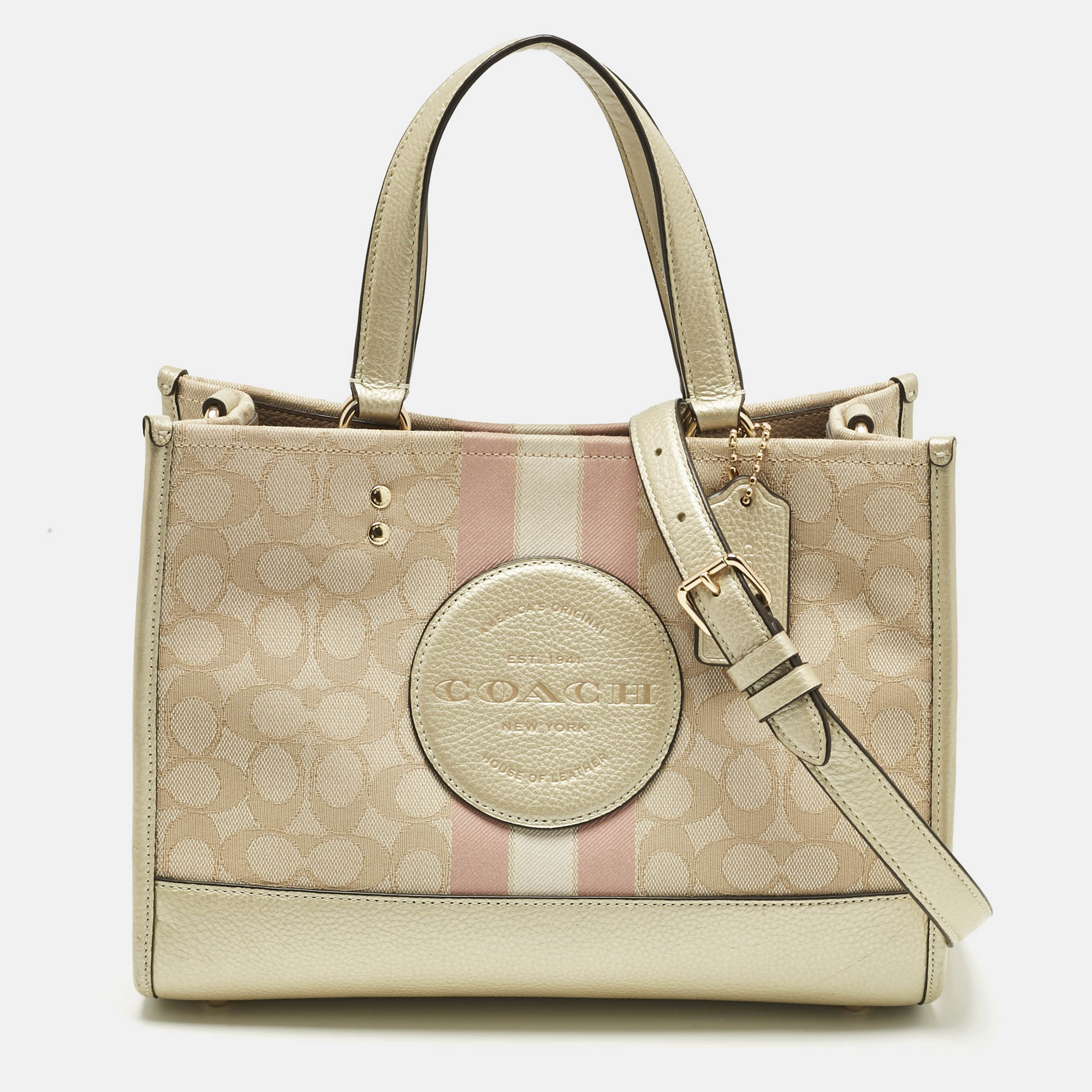 Pre Owned Coach Pale Gold/Beige Signature Jacquard Canvas Dempsey 30 Carryall Tote