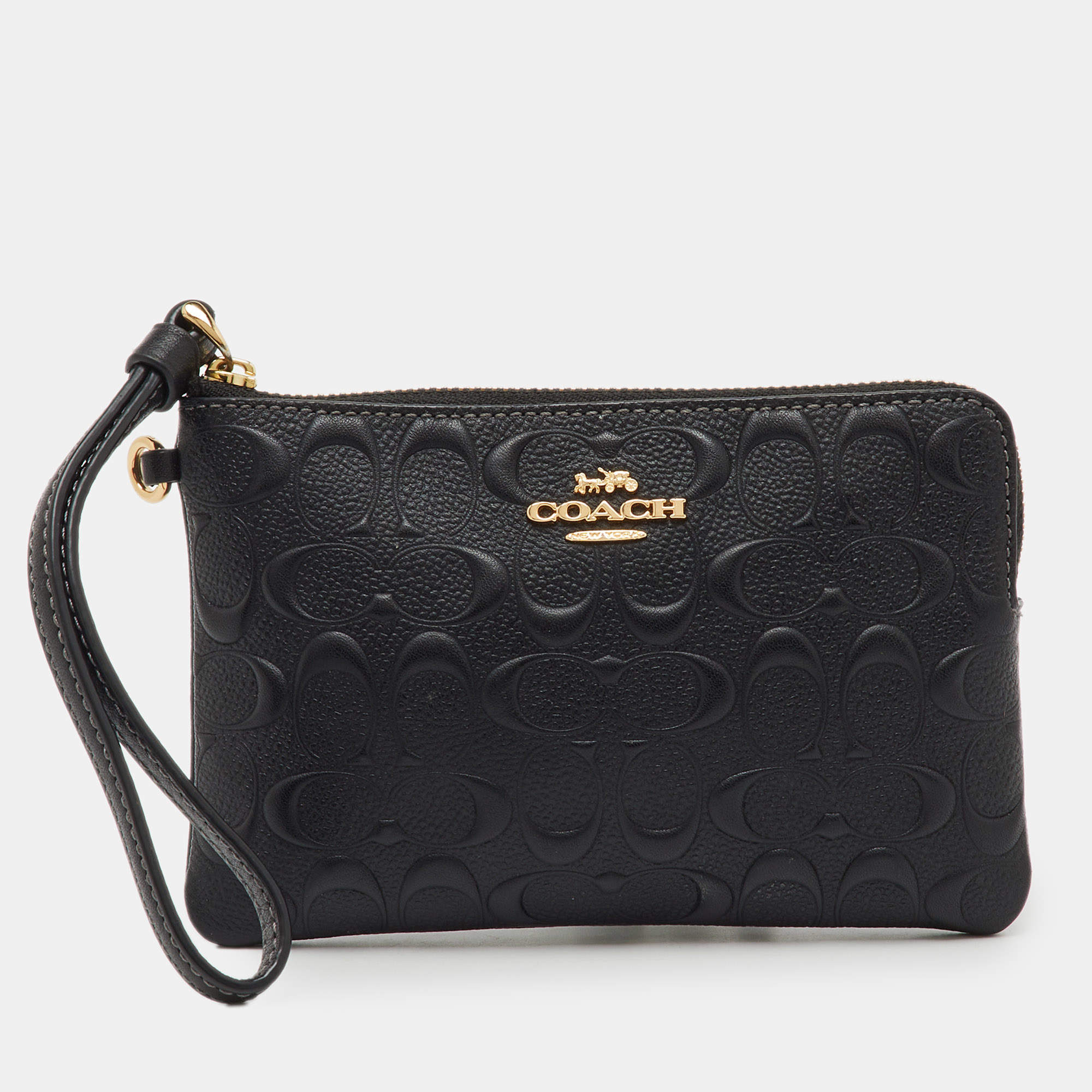 Pre Owned Coach Black Signature Embossed Leather Zip Wristlet