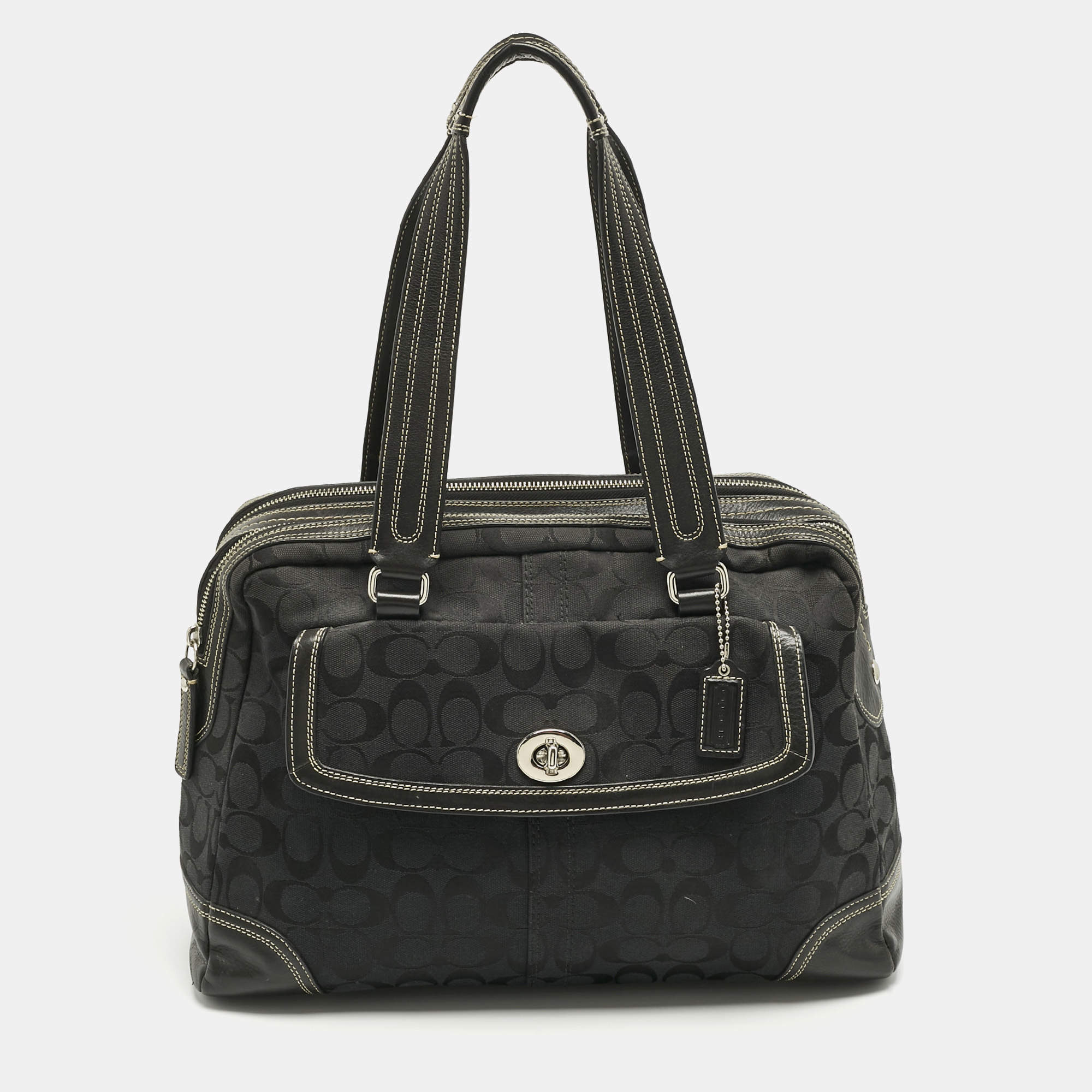 Pre Owned Coach Black Signature Canvas and Leather Front Pocket Satchel