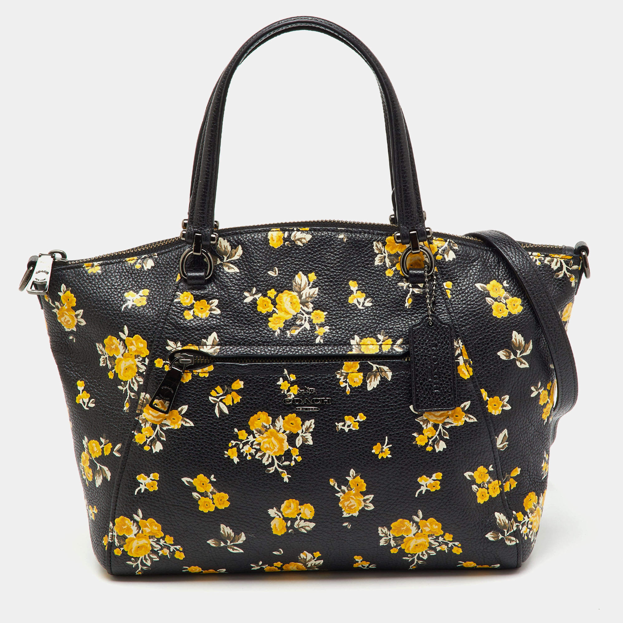مملوكة مسبقًا Coach Black Floral Print Leather Prairie Satchel