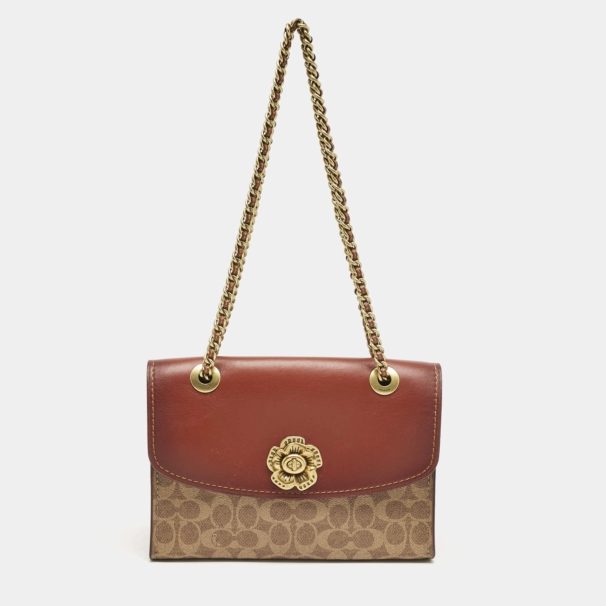 مملوكة مسبقًا حقيبة كتف كوتش باركر جلد وقماش بنقشة الشعار بني مزيت