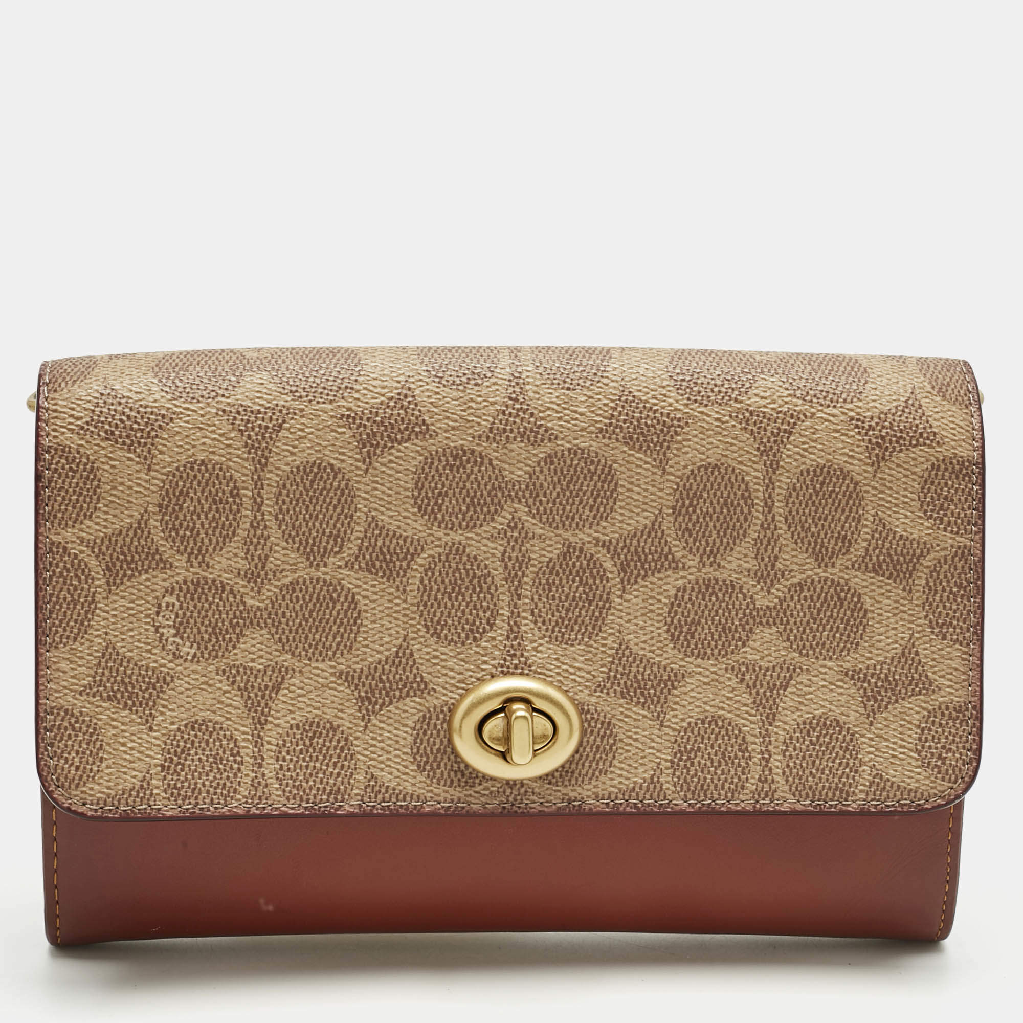 Pre Owned Coach Brown/Beige Signature Coated Canvas and Leather Marlow Clutch Bag