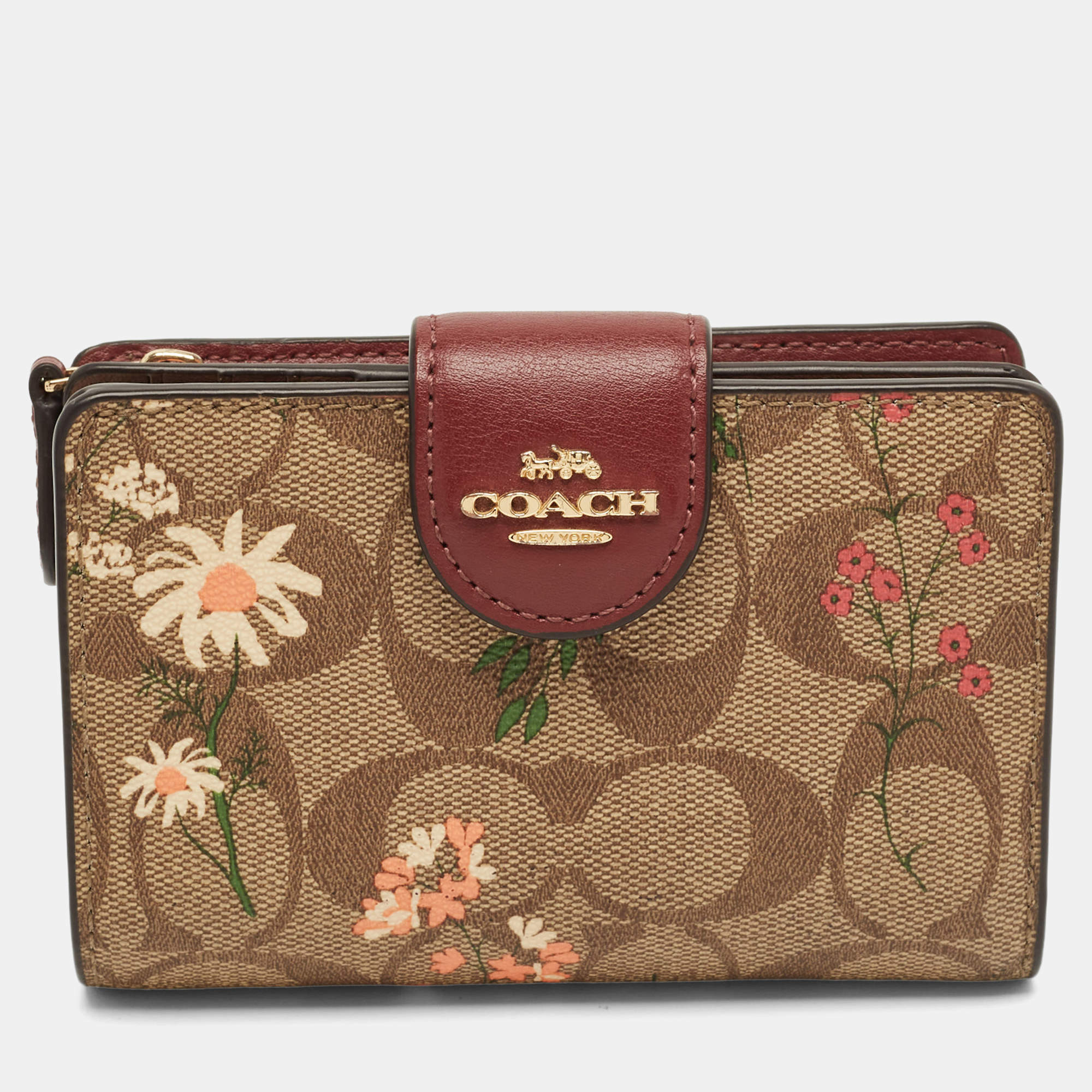 Pre Owned Coach Beige/Red Signature Coated Canvas and Leather Floral Corner Zip Compact Wallet