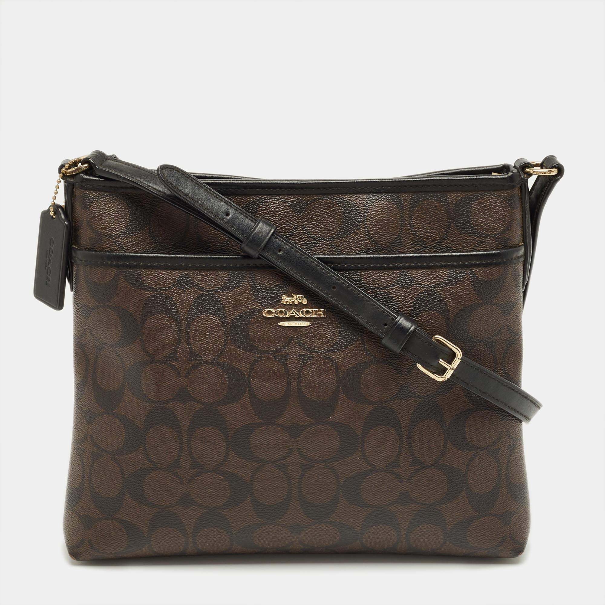 Pre Owned Coach Brown/Black Signature Coated Canvas File Crossbody Bag