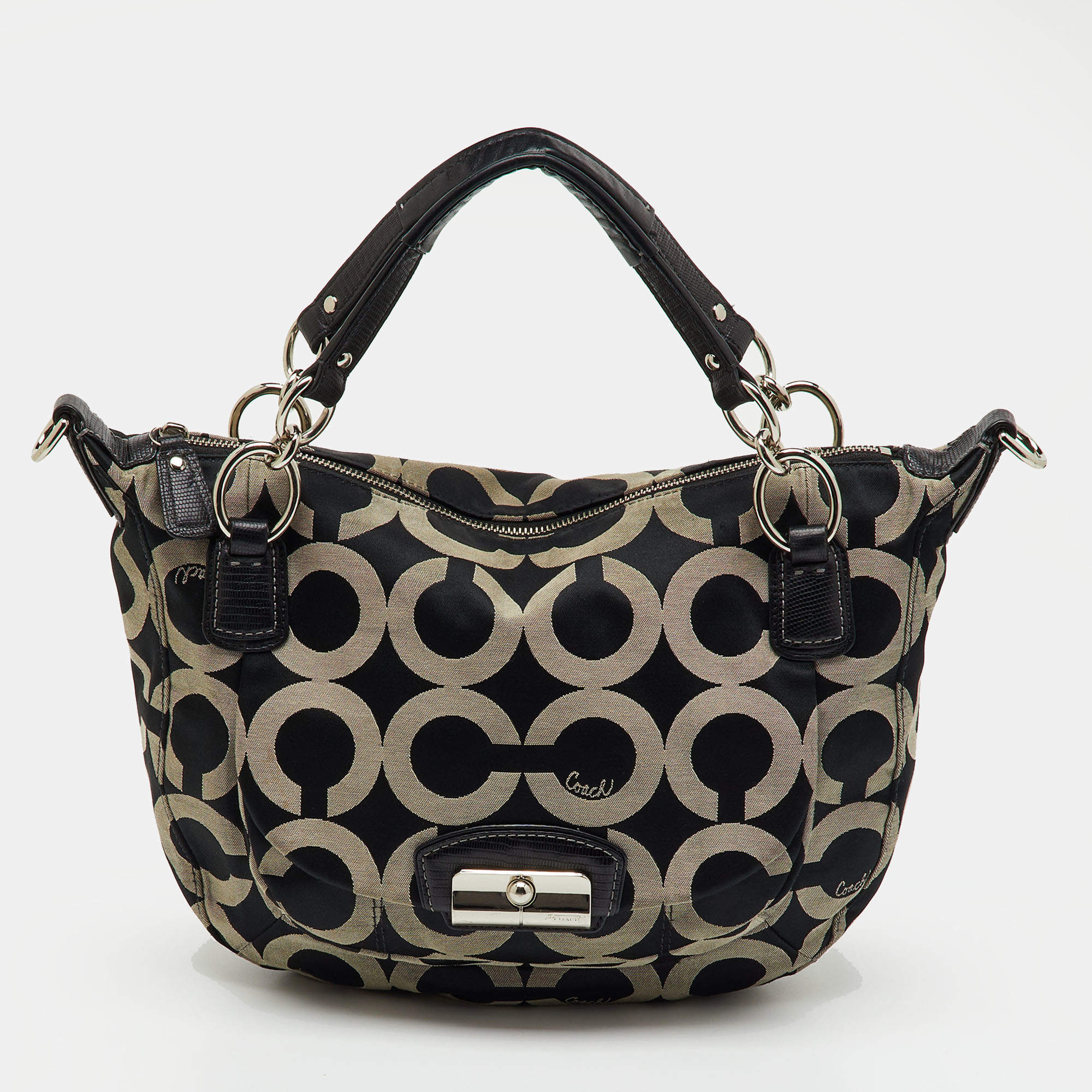 Pre Owned Coach Black/Grey Maggie Op Art Canvas and Leather Shoulder Bag