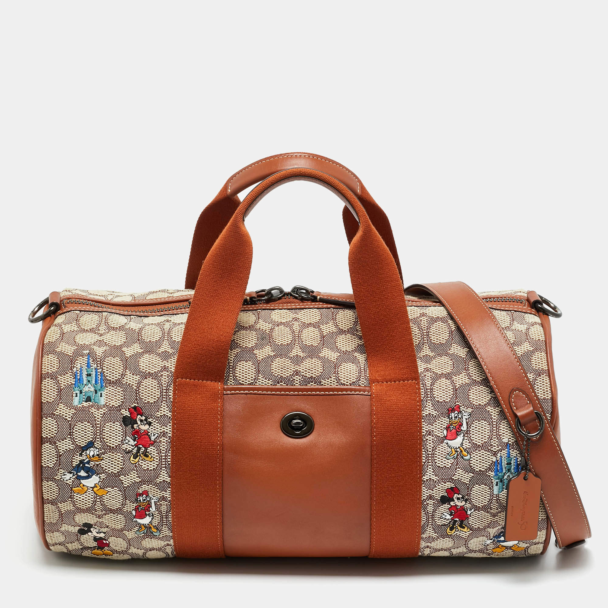 Pre Owned Coach x Disney Brown/Beige Jacquard Canvas Mickey and Friends Embroidered Duffel Bag