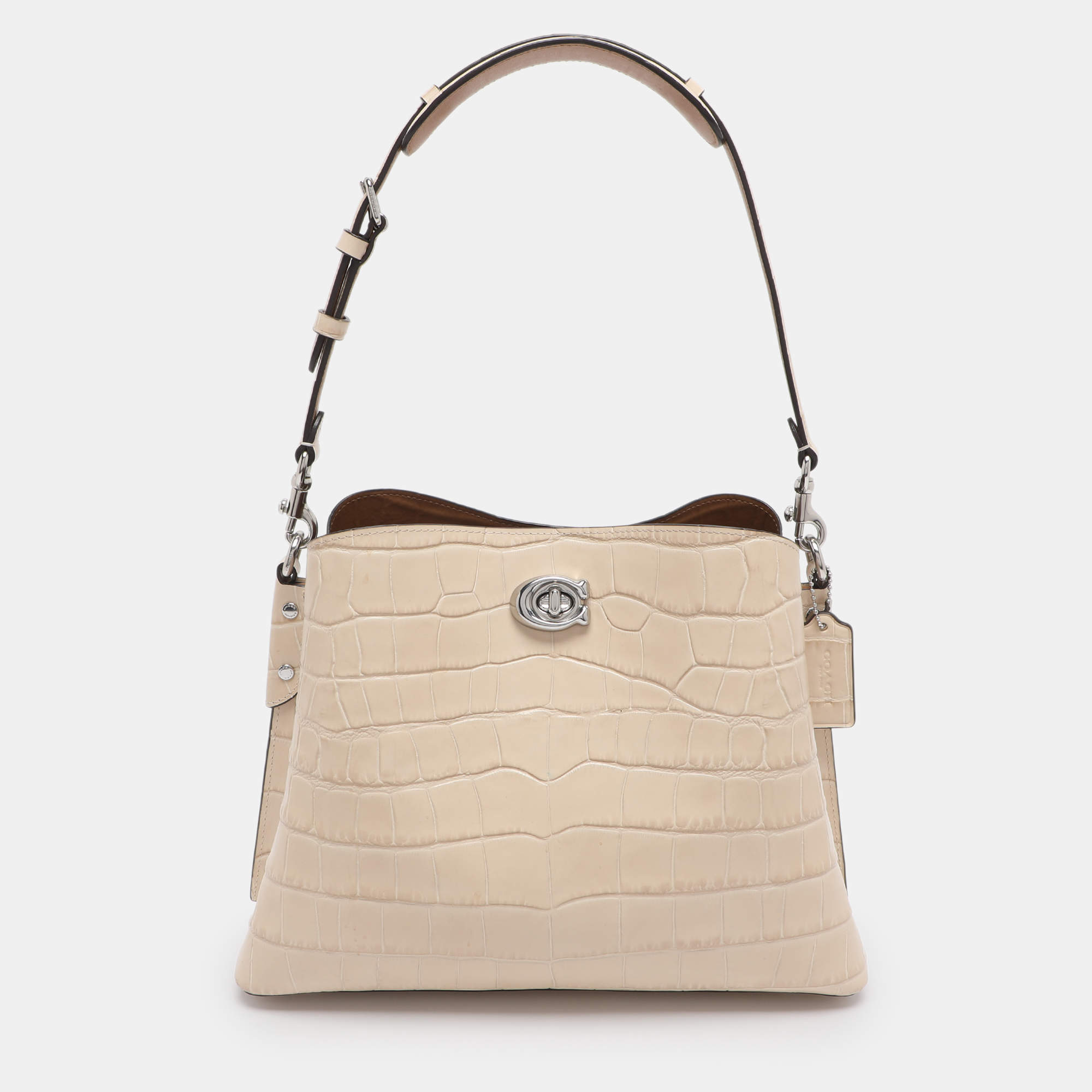 Pre Owned Coach Willow Beige Croc Embossed Leather Bucket bag