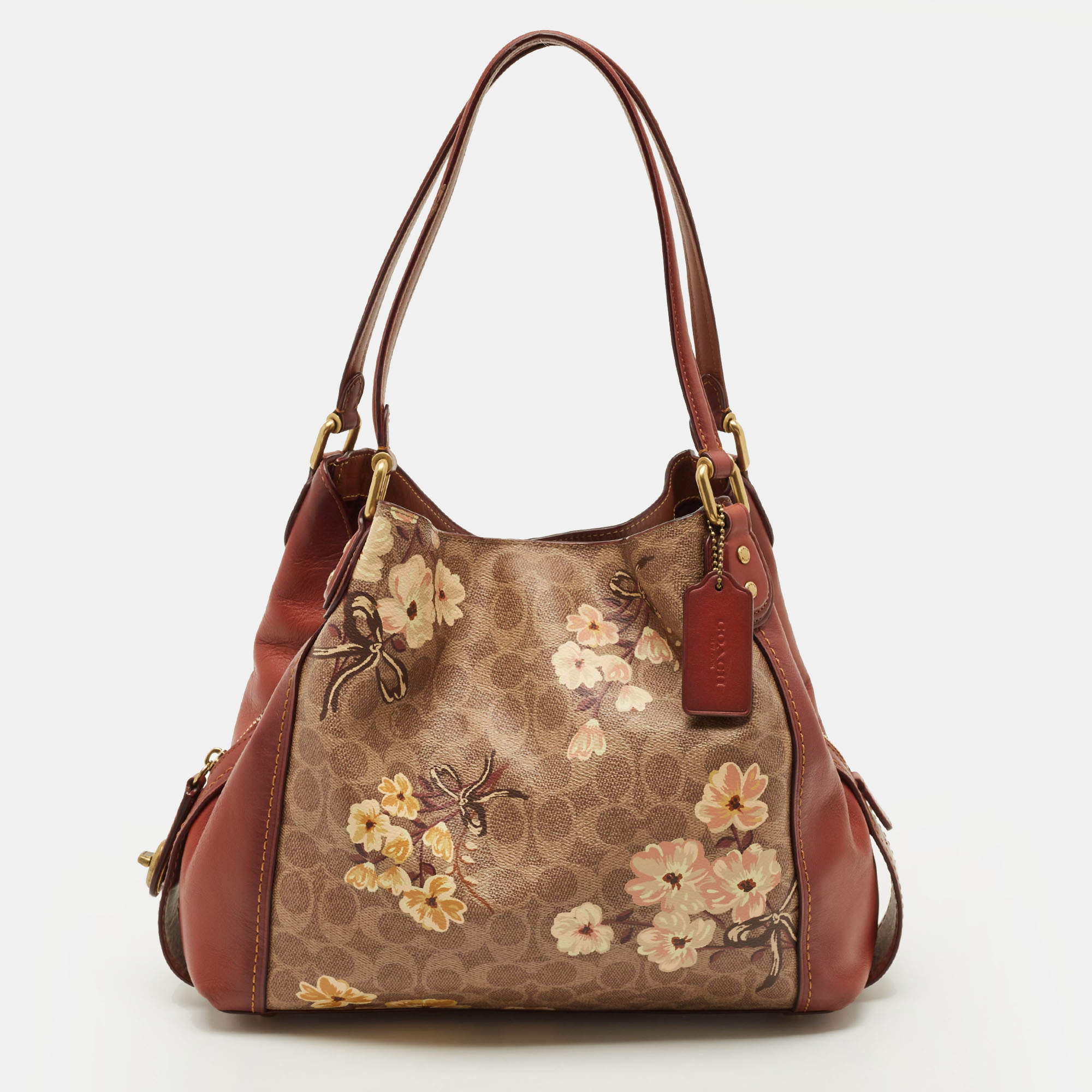 Pre Owned Coach Edie 31Brown Signature Floral Print Coated Canvas and Leather Shoulder Bag