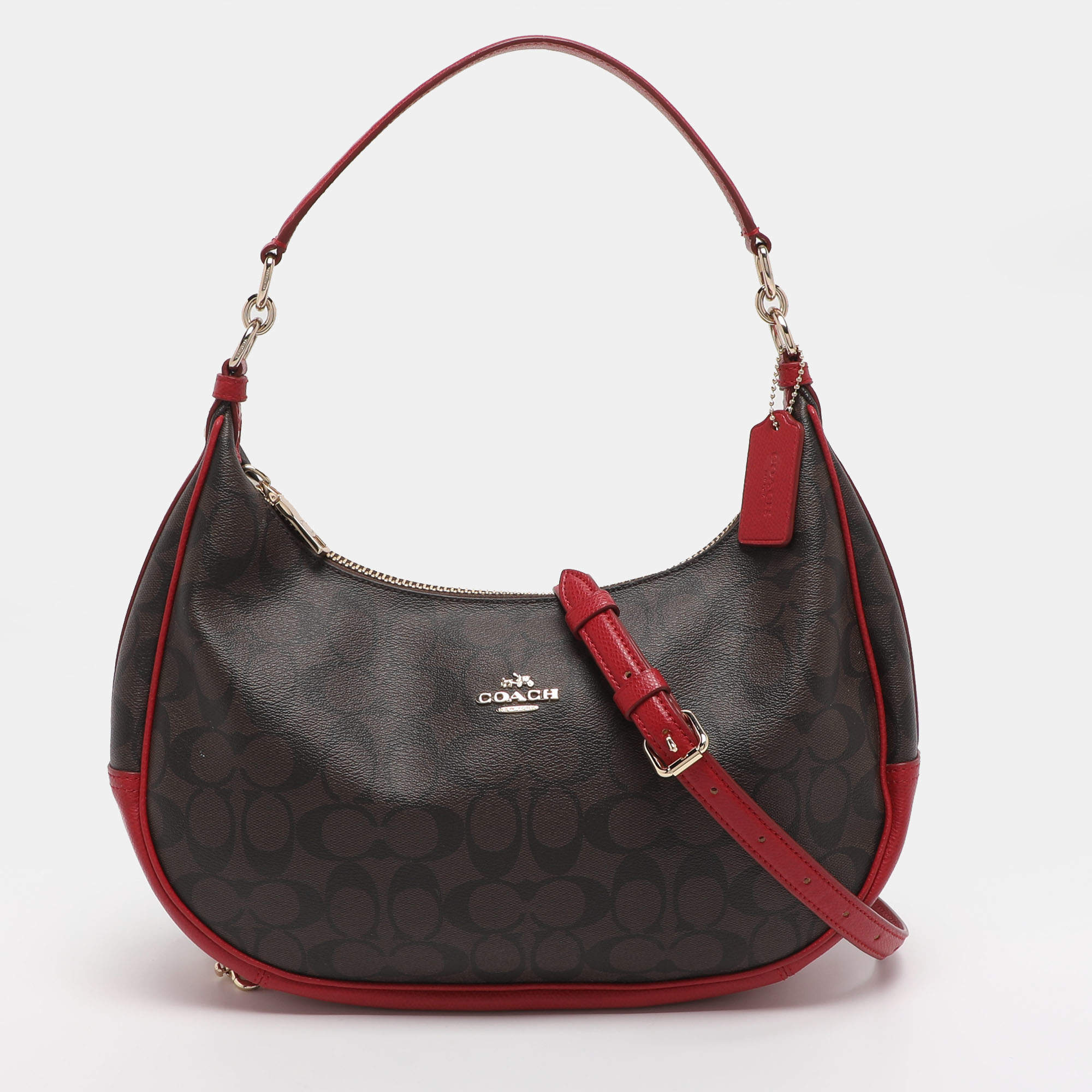 مملوكة مسبقًا Coach Harley Brown/Red Signature Coated Canvas and Leather Hobo