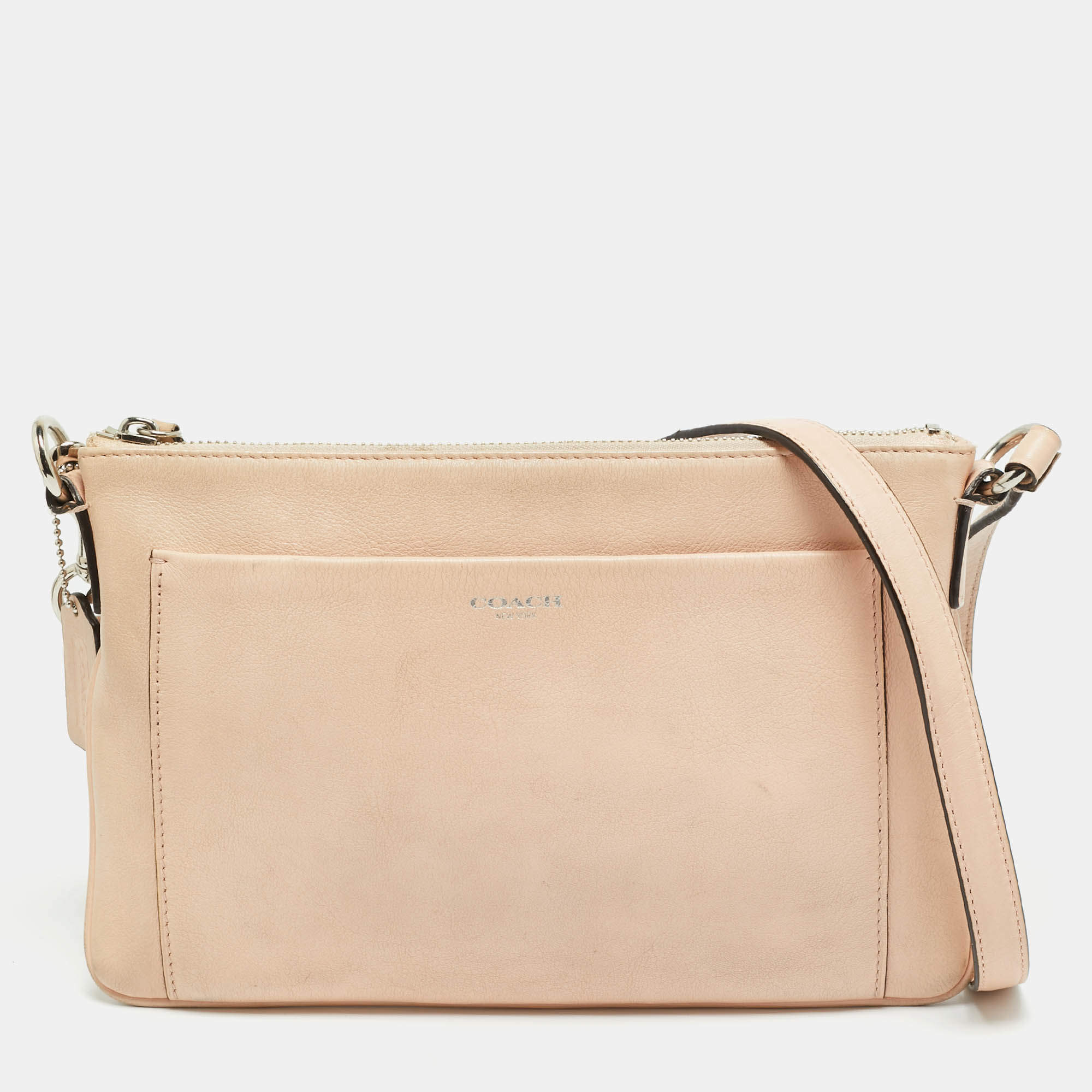 Pre Owned Coach Front Pocket Peach Leather Flat Crossbody Bag