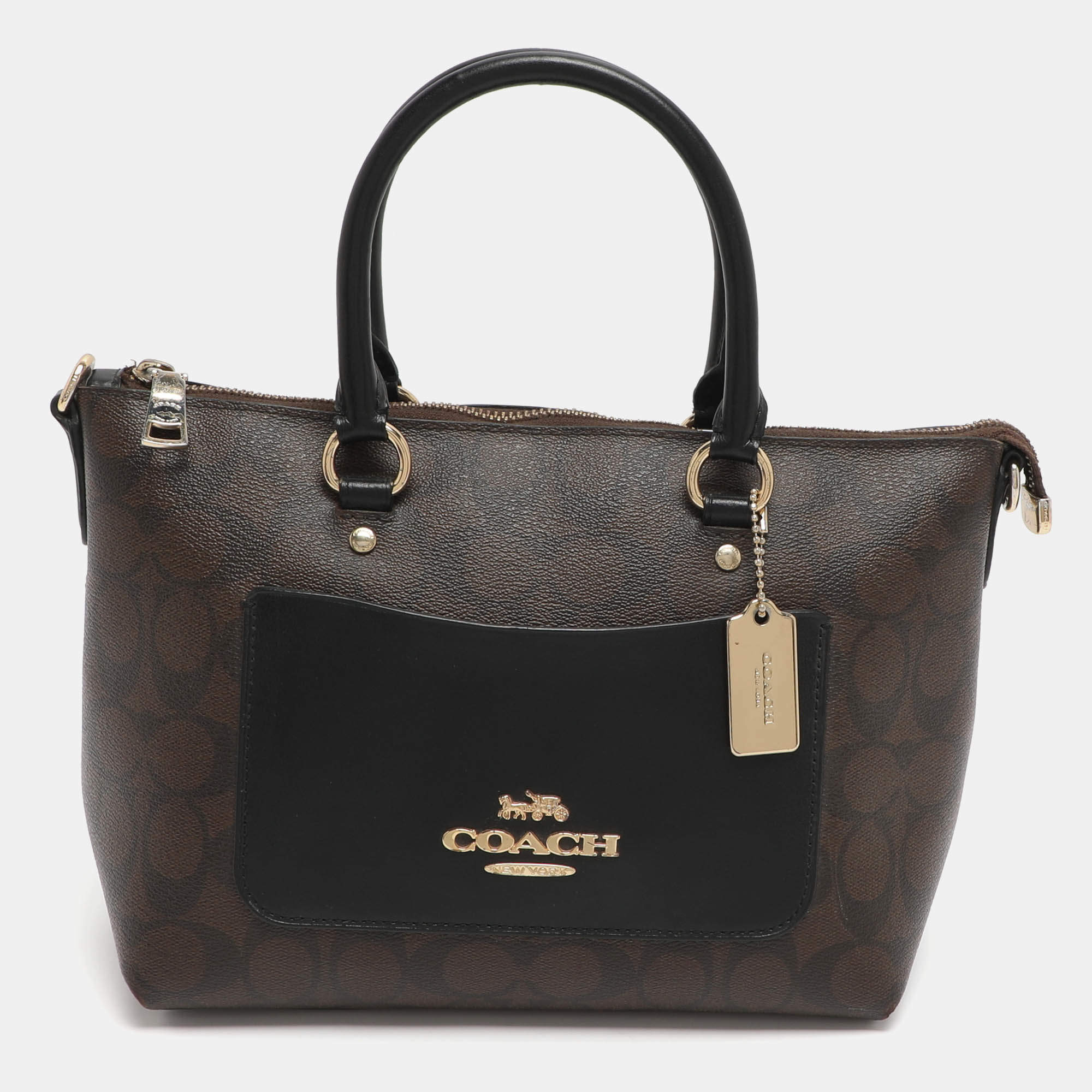 Pre Owned Coach Emma Mini Brown/Black Signature Coated Canvas and Leather Satchel