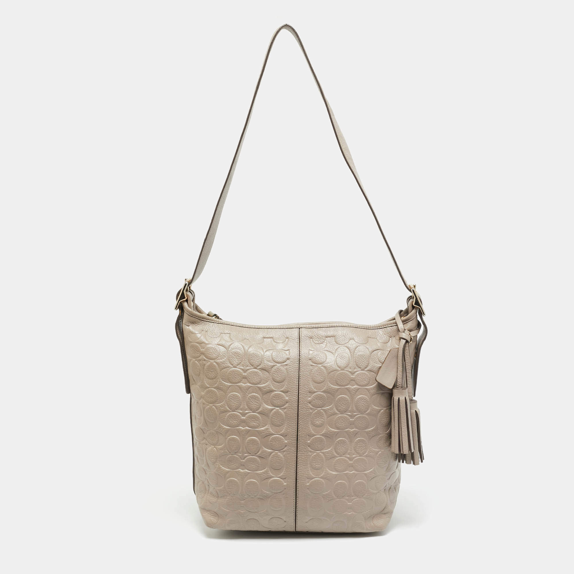 مملوكة مسبقًا Coach Legacy Tassel Taupe Signature Embossed Leather Shoulder Bag