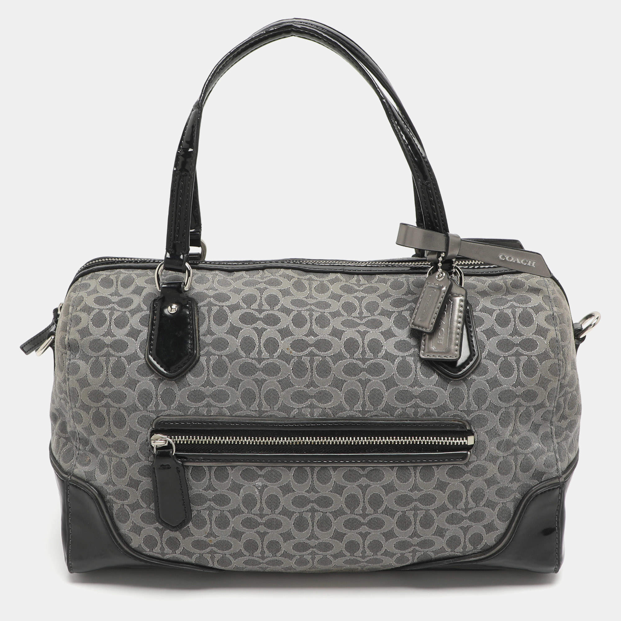 Pre Owned Coach Poppy Grey/Black Canvas and Patent Leather East West Satchel