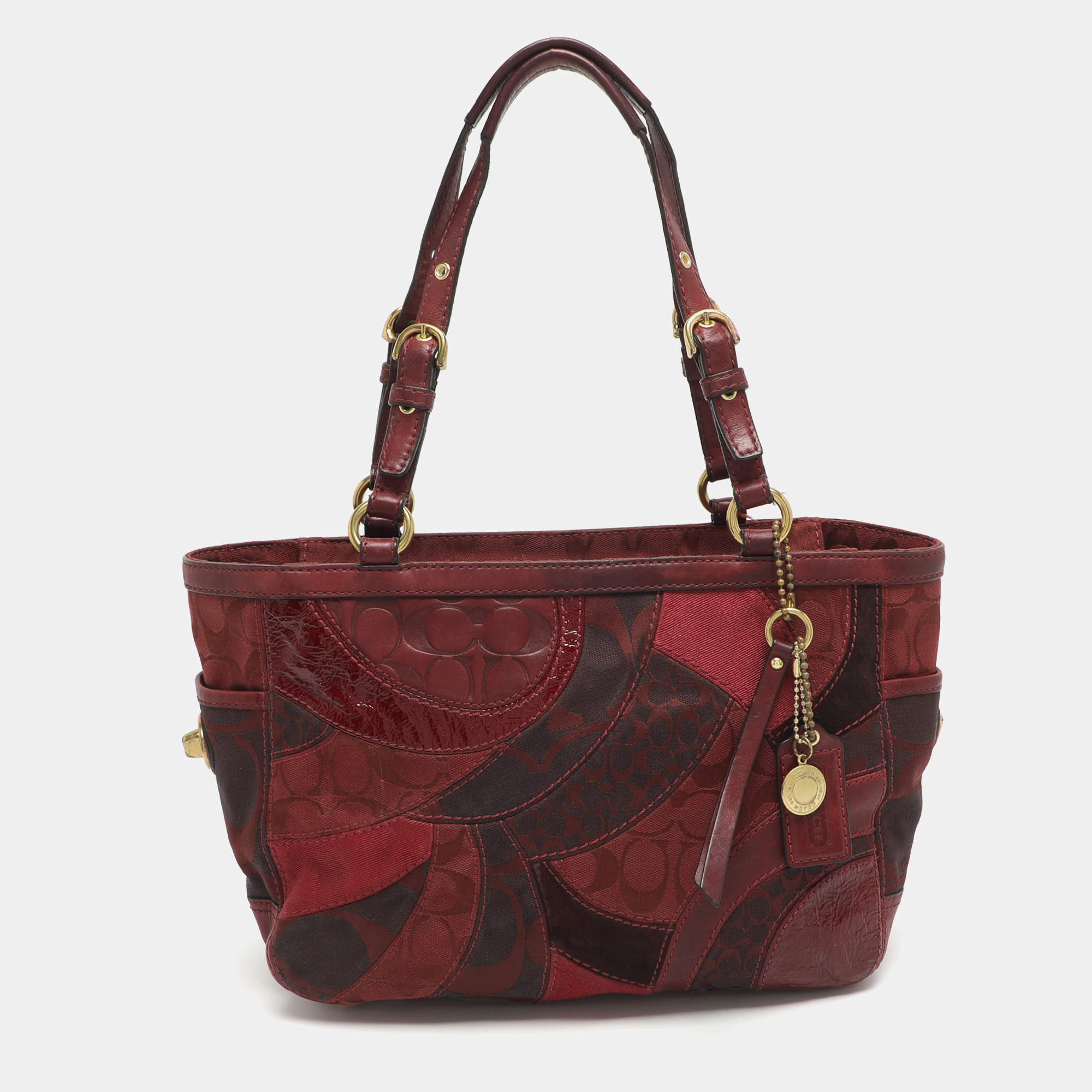 Pre Owned Coach Patchwork Burgundy Fabric and Leather Shoulder Bag