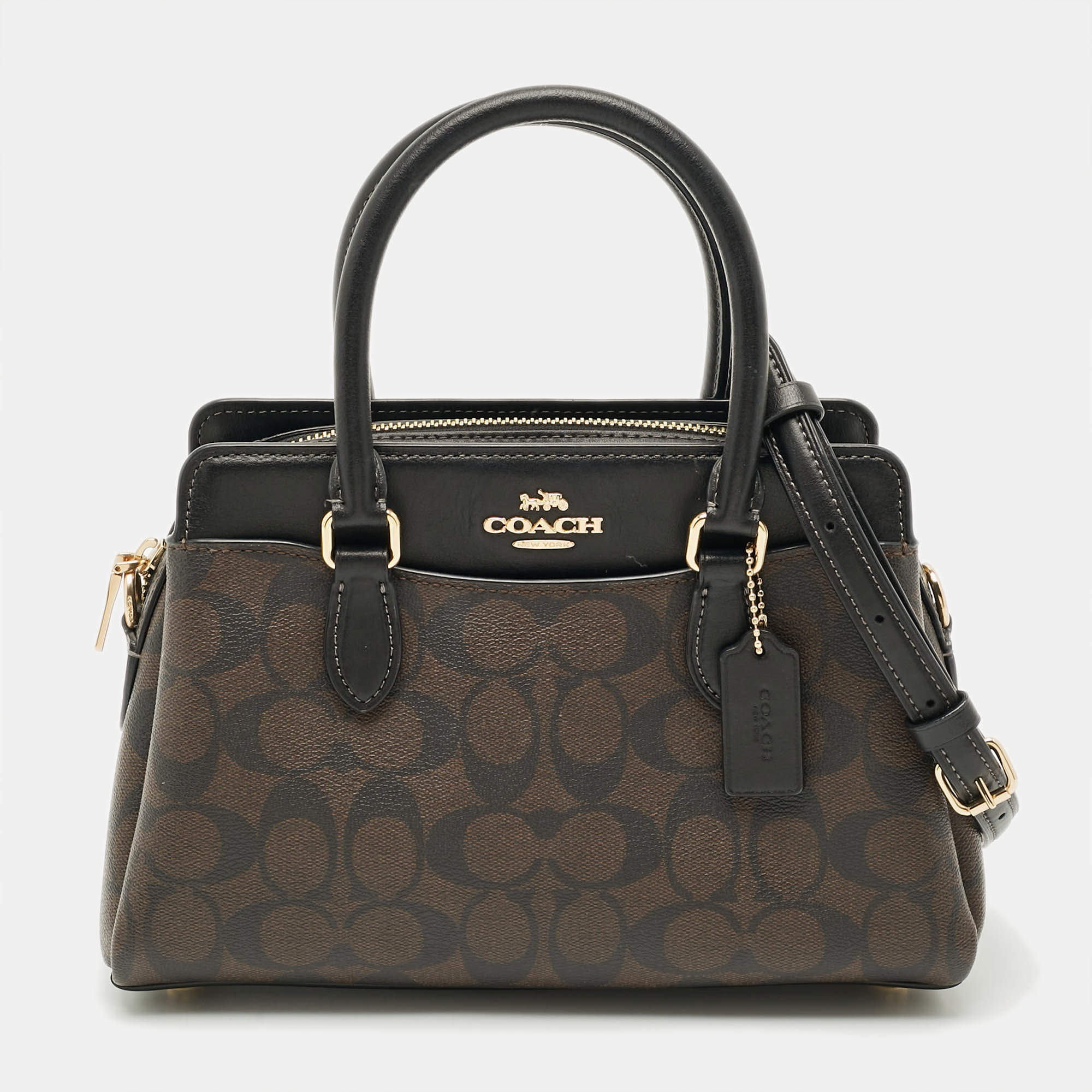 Pre Owned Coach Darci Mini Brown/Black Signature Coated Canvas Carryall Satchel