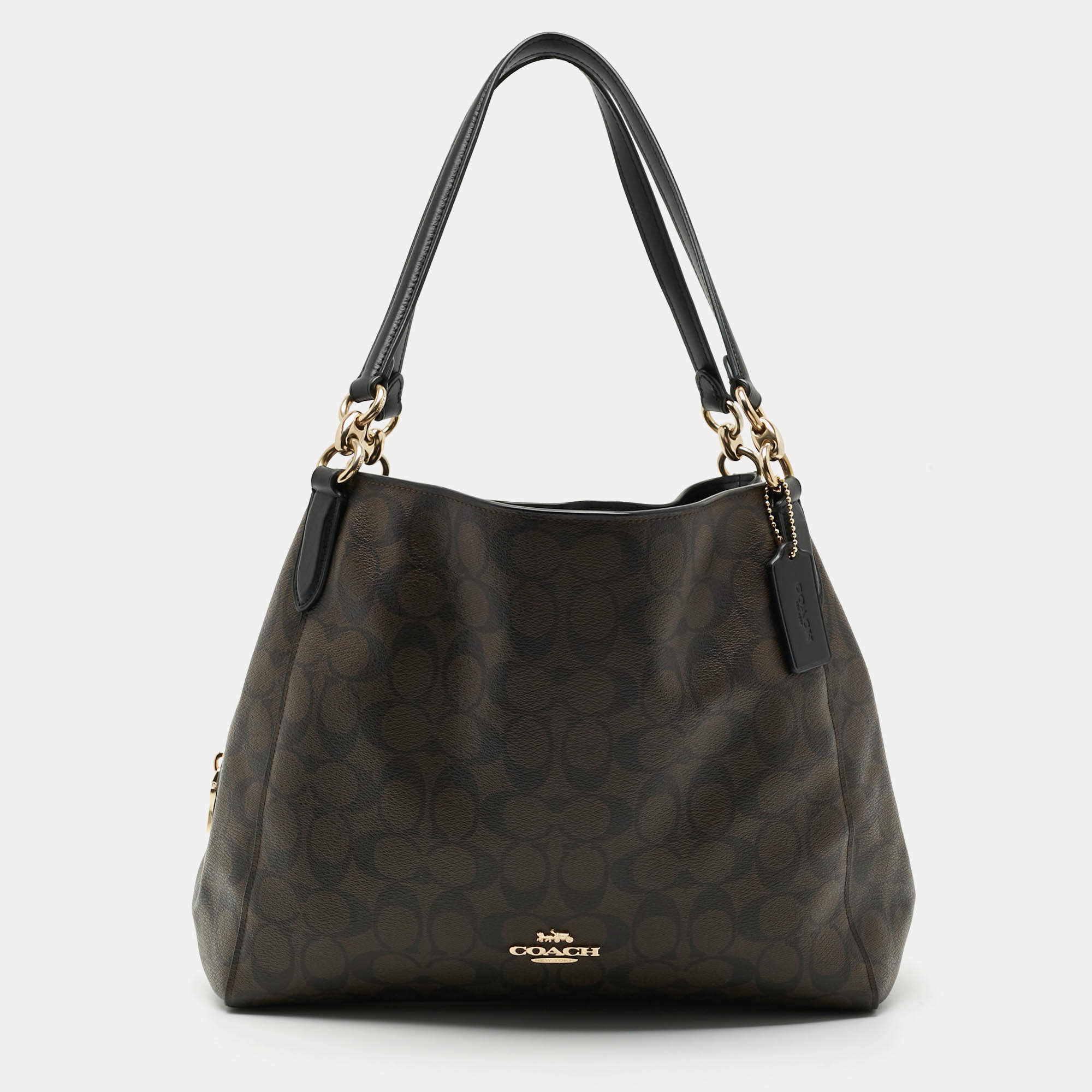 Pre Owned Coach Hallie Brown/Black Signature Coated Canvas and Leather Shoulder Bag