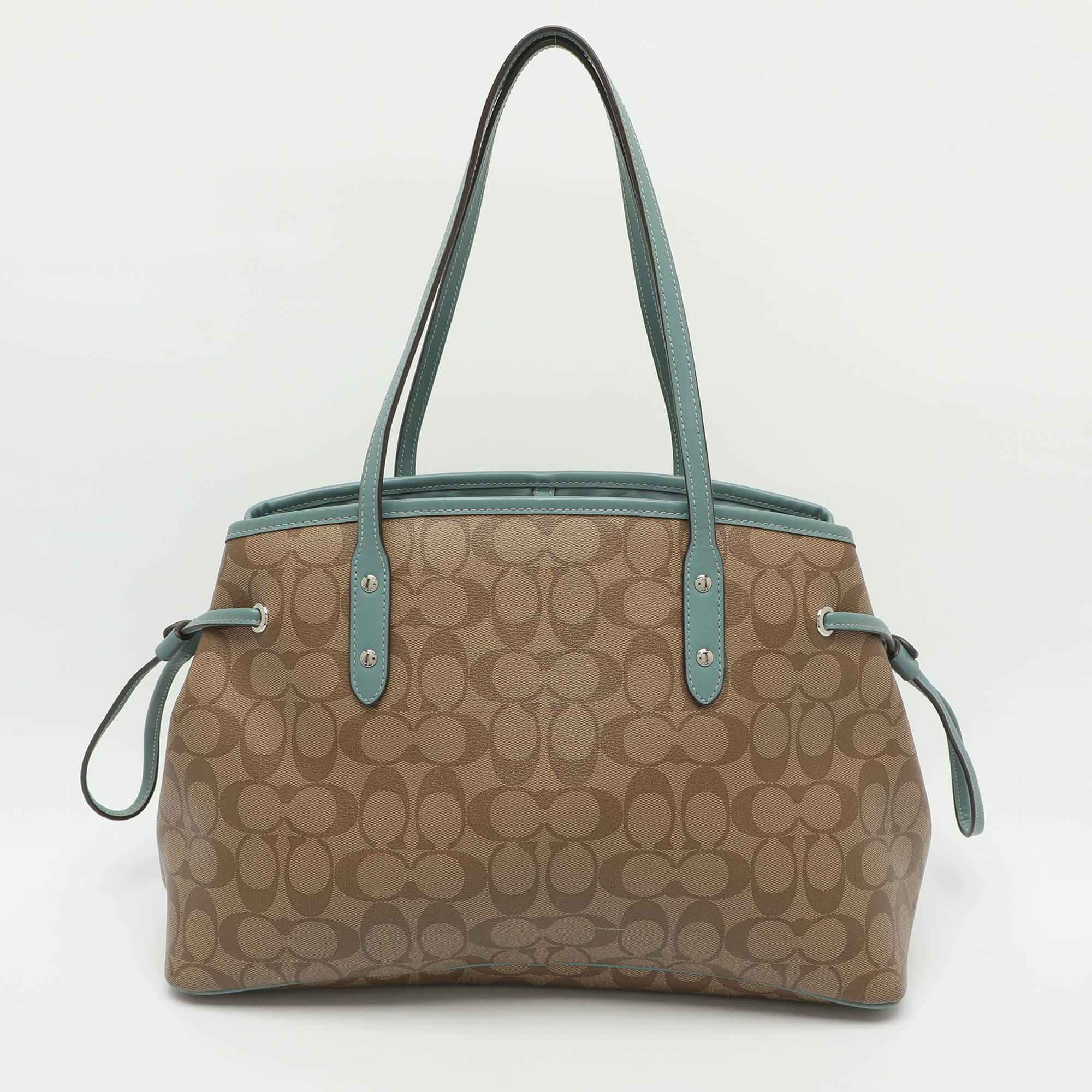 Pre Owned Coach Khaki Marine Signature Coated Canvas and Leather Drawstring Carryall Bag
