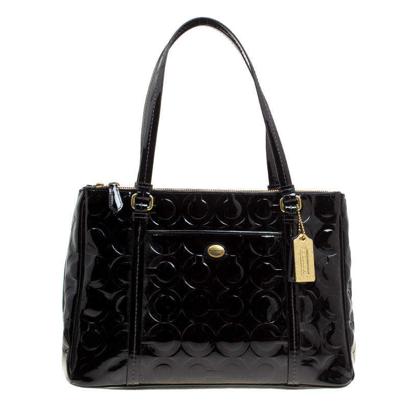 Coach Black Patent Leather Peyton Op Art Double Zip Satchel