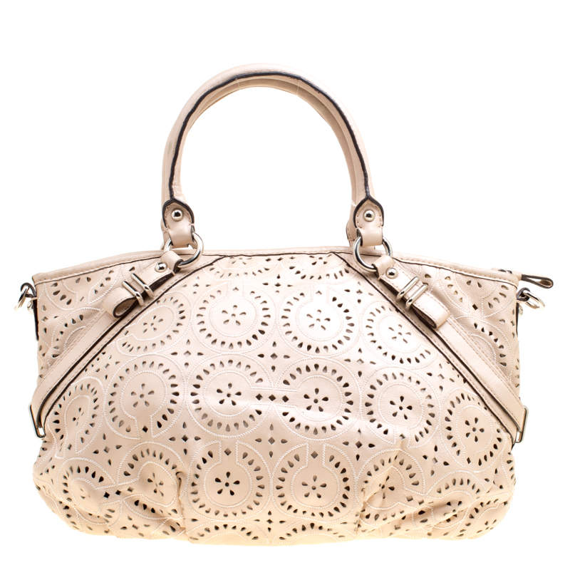 Pre Owned Coach Light Beige Laser Cut Leather Tote