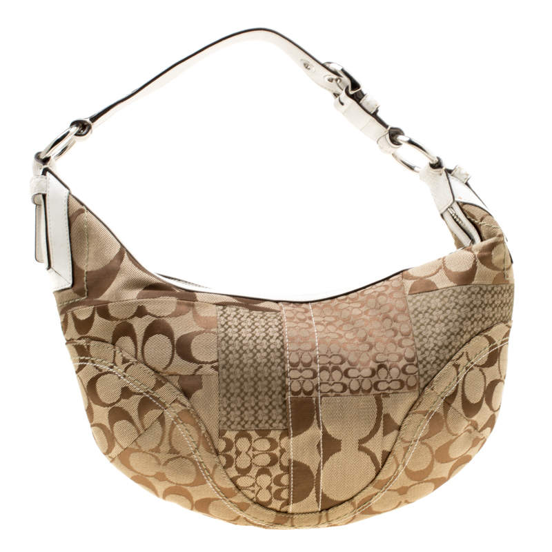 Coach Beige/White Signature Patched Canvas and Snake Skin Hobo