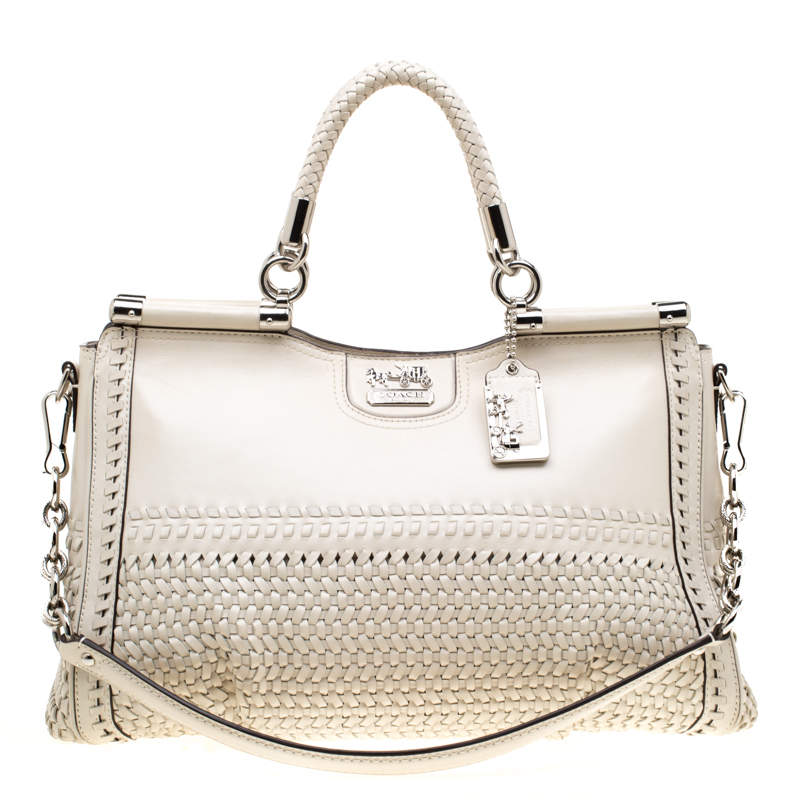 Pre Owned Coach Off-White Woven Leather Caroline Dowel Top Handle Bag
