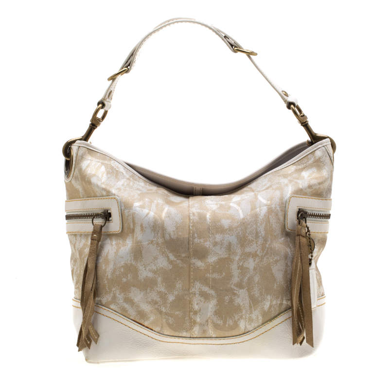 Coach Beige/White Printed Canvas and Leather Hobo