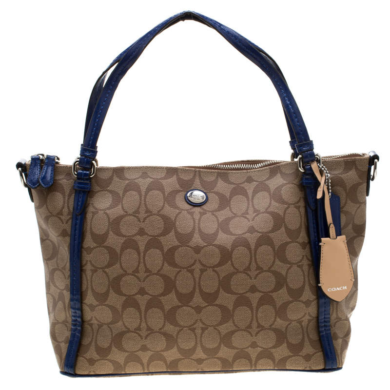 Pre Owned Coach Brown/Blue Signature Coated Canvas and Patent Leather Tote