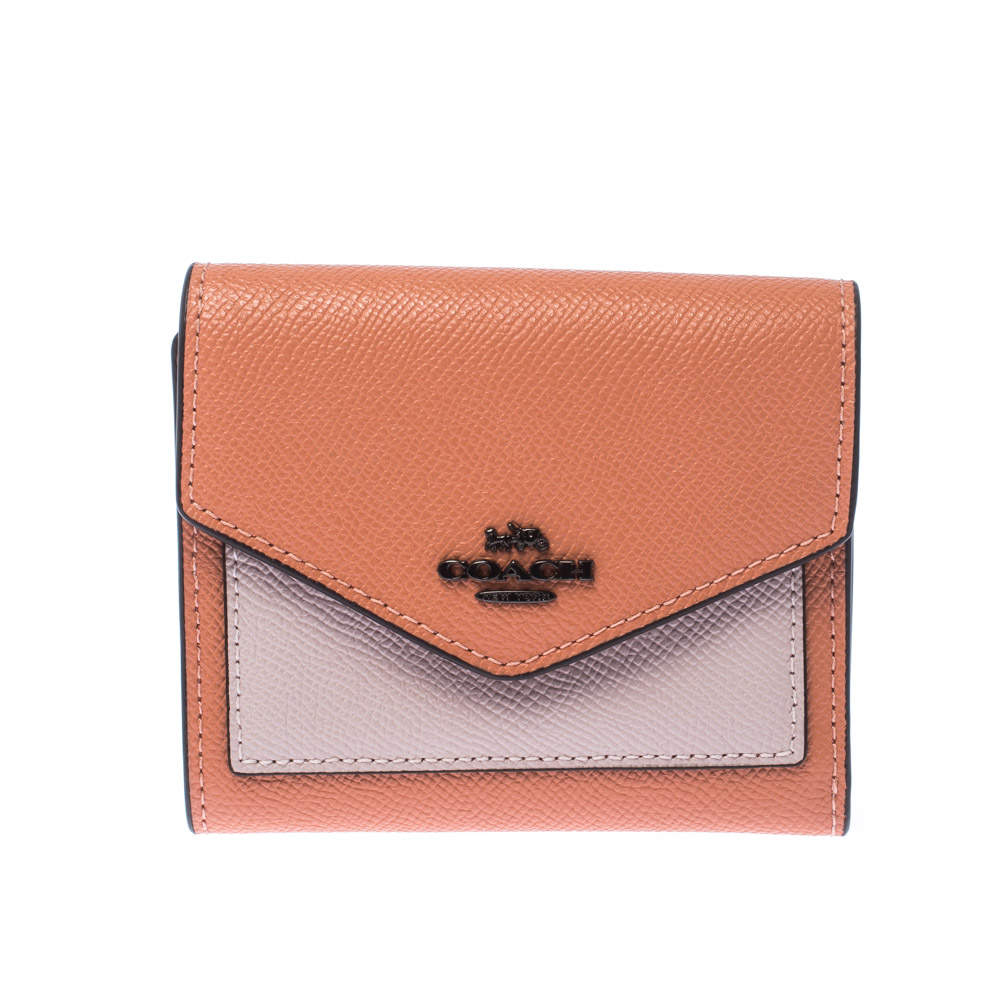 Coach Pastel Orange/Pink Leather Colorblock Trifold Wallet 
