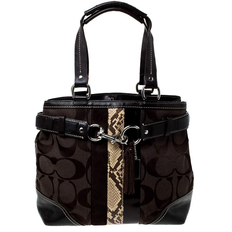 مملوكة مسبقًا Coach Black/Brown Canvas and Leather Hampton Satchel