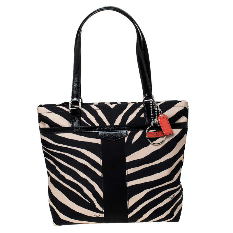 Coach Black/Cream Zebra Print Canvas and Patent Leather Tote 