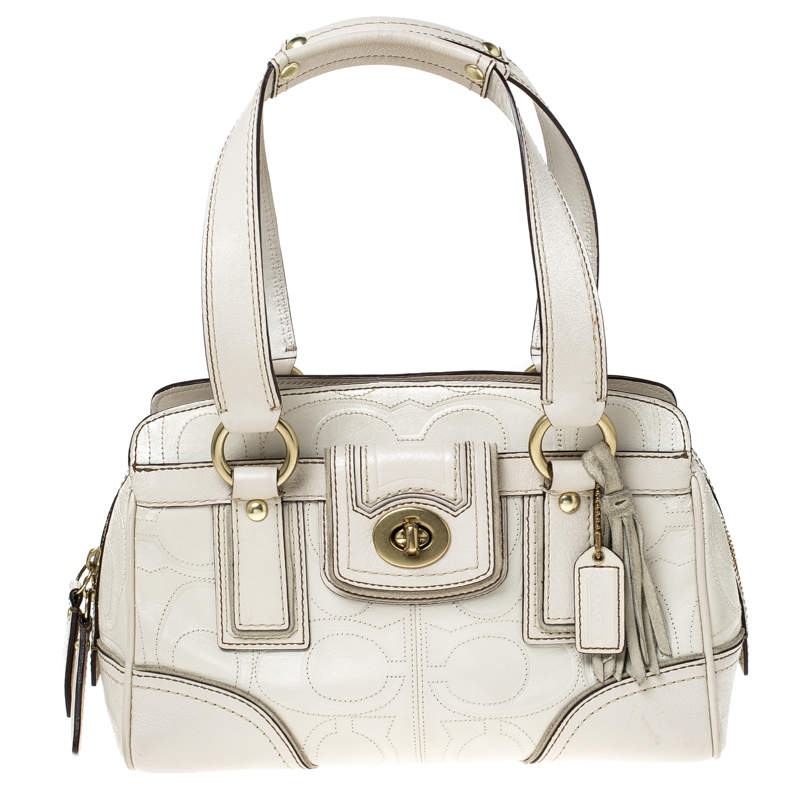 Coach Cream Monogram Leather Turnlock Satchel