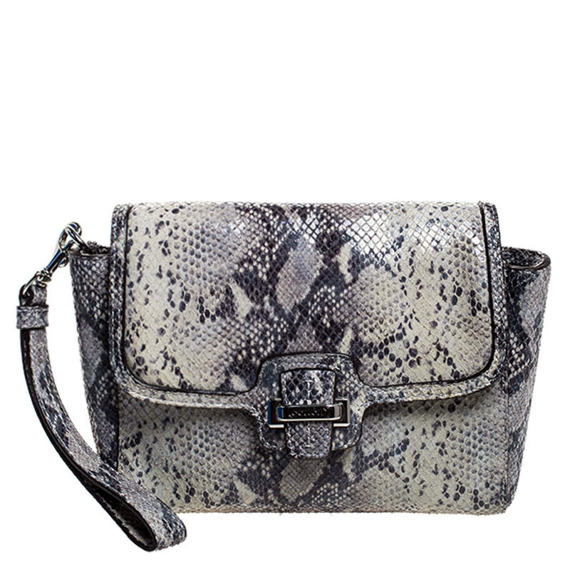Coach Grey Embossed Python Flap Wrislet Clutch