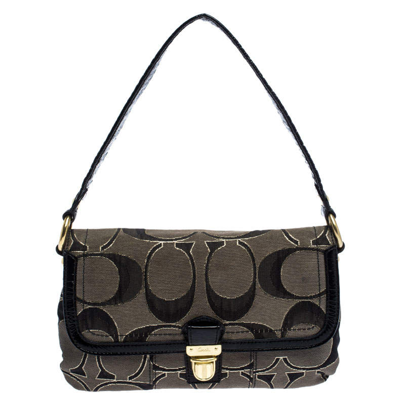 Coach Black/Grey Signature Canvas and Patent Leather Shoulder Bag