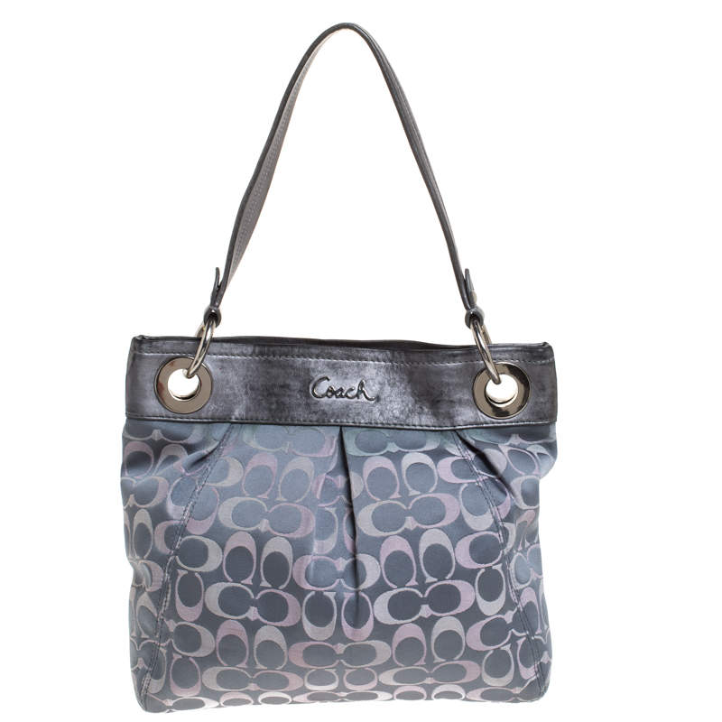 Pre Owned Coach Grey Signature Satin and Leather Top Handle Bag