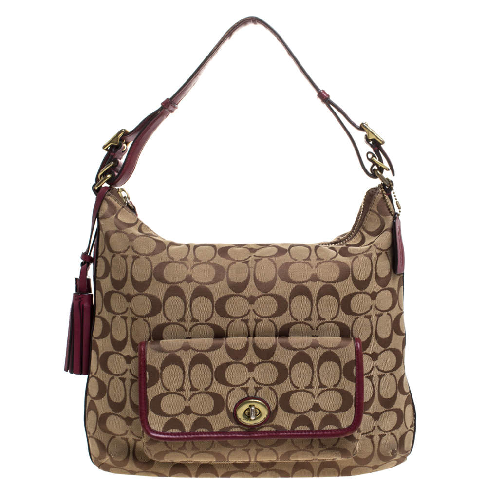 Coach Beige/Burgundy Canvas and Leather Front Pocket Hobo