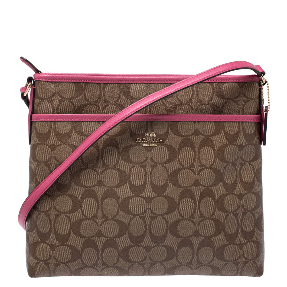 Coach Beige/Pink Signature Coated Canvas Crossbody Bag 