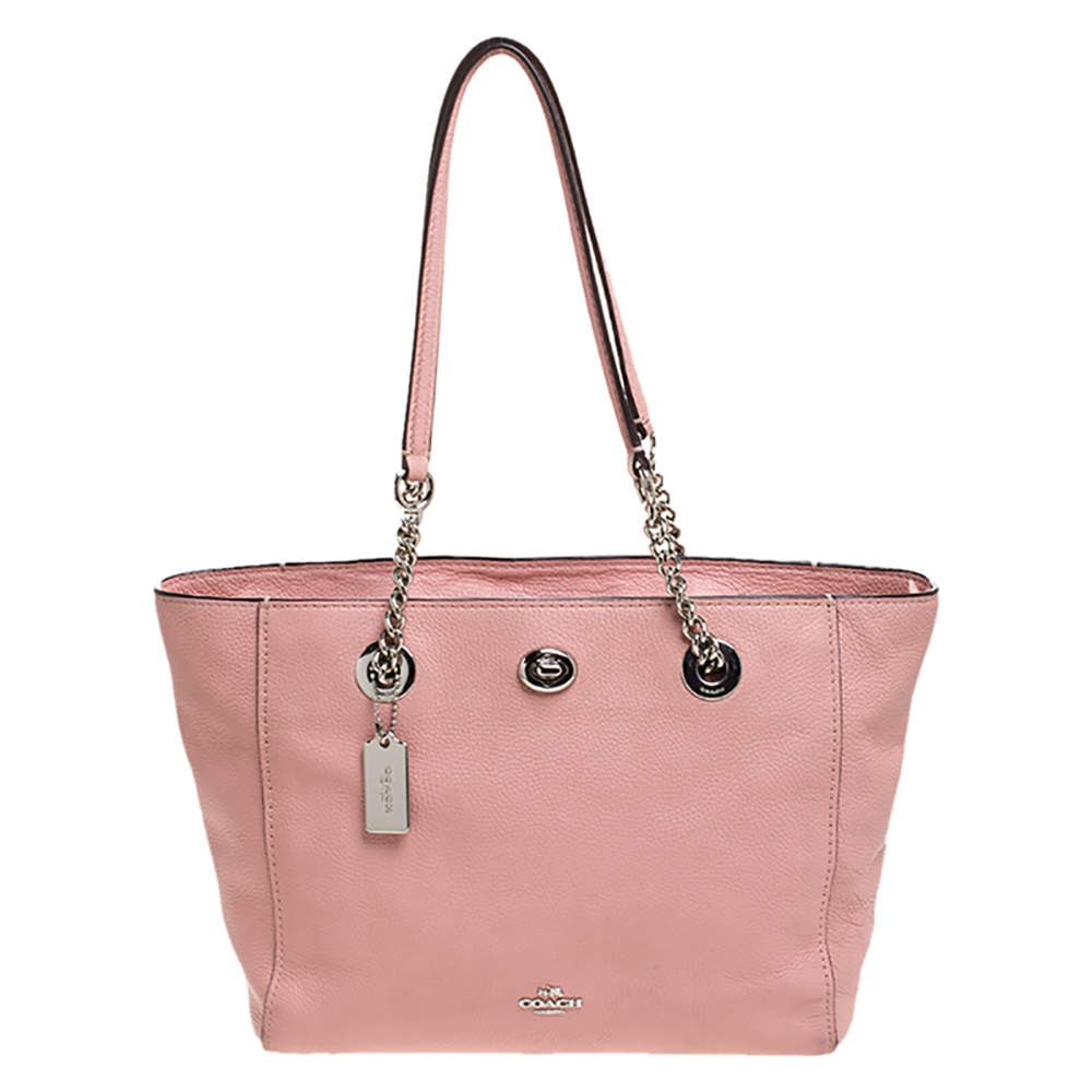Pre Owned Coach Pink Leather Turn Lock Top Zip Tote