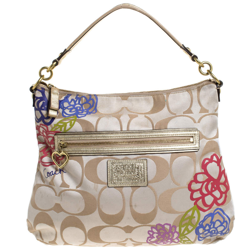 Coach Beige/Gold Flower Print Canvas and Leather Hobo