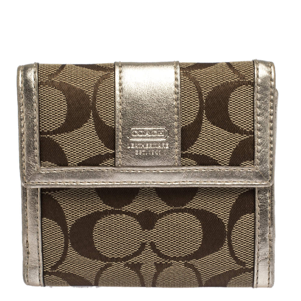 Coach Beige/Gold Signature Canvas and Leather Compact Wallet