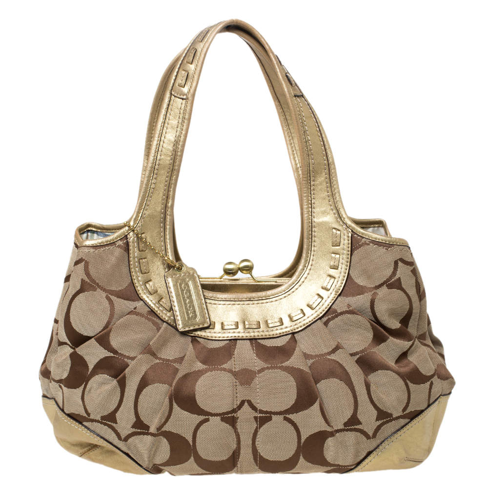 Coach Gold/Beige Signature Canvas and Leather Ergo Tattersall Hobo