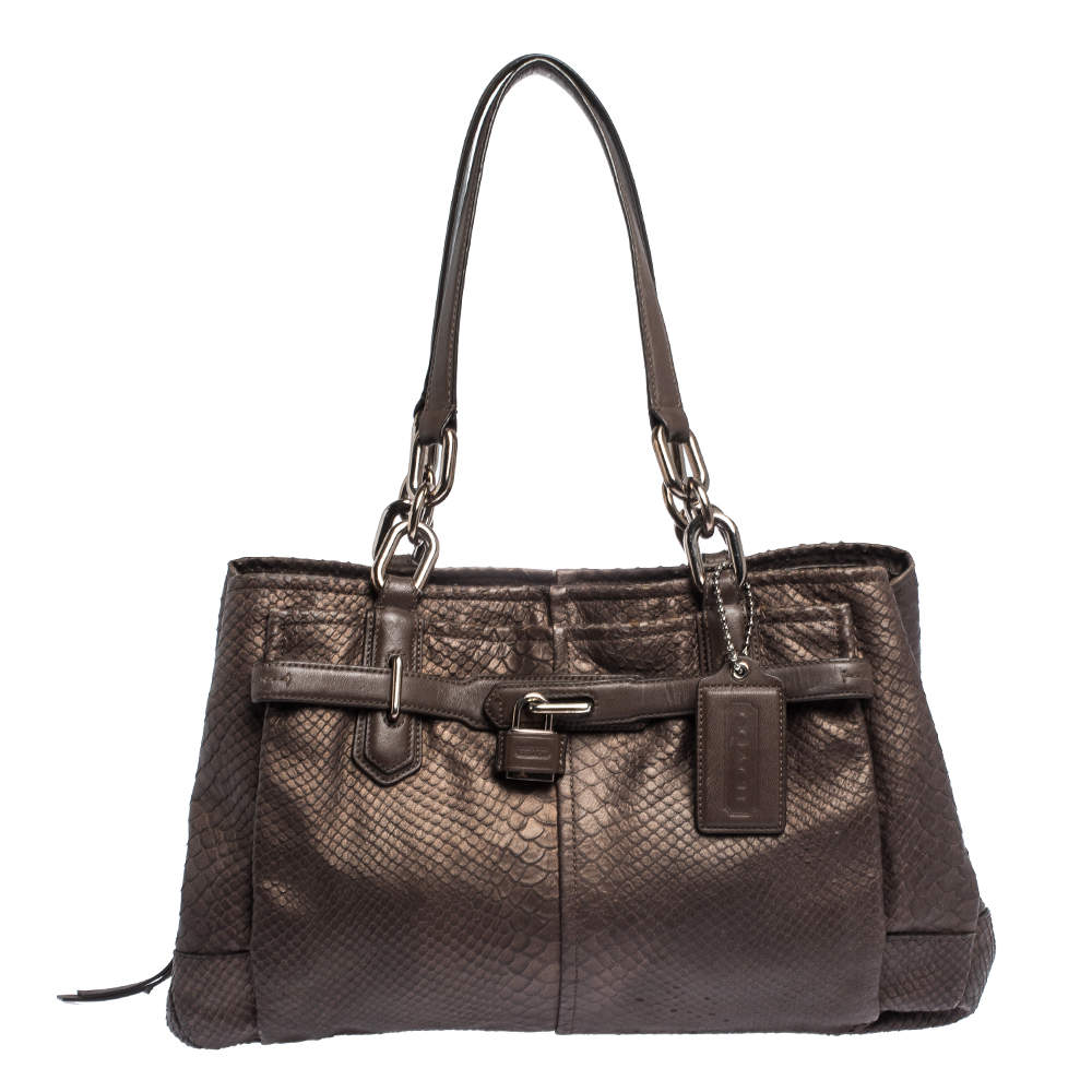 Coach Dark Brown Python Embossed Leather Jayden Satchel