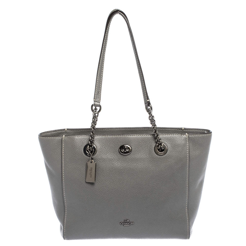 Coach Grey Leather Turnlock Chain Tote