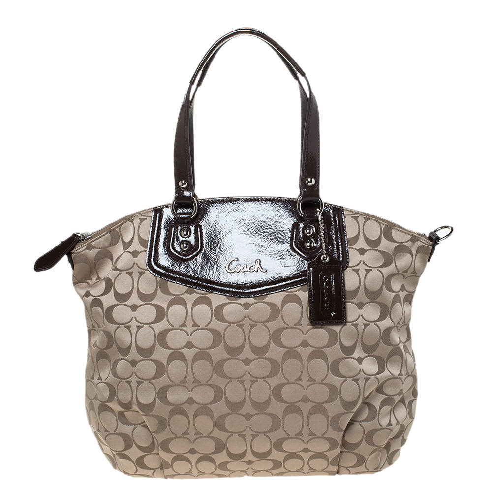 Coach Dark Brown/Beige Signature Canvas and Patent Leather Ashley North/South Satchel