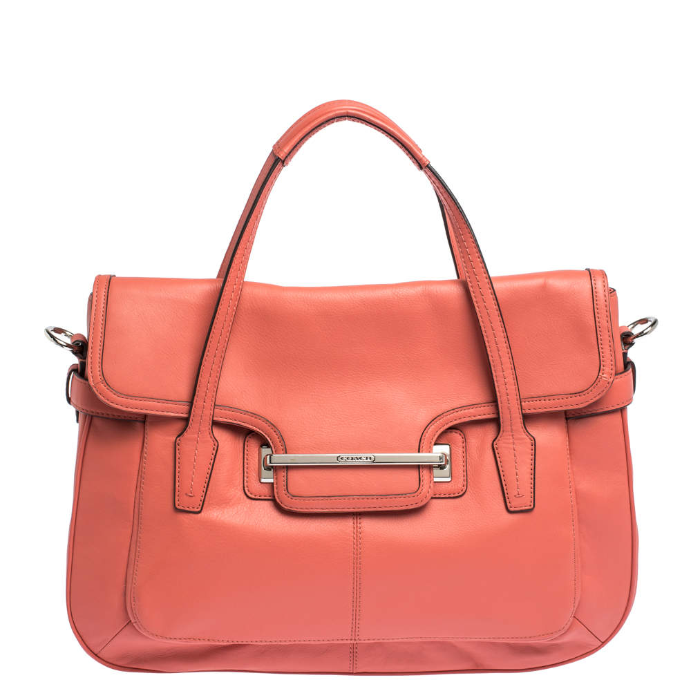 Coach Coral Orange Leather Taylor Marin Flap Satchel 