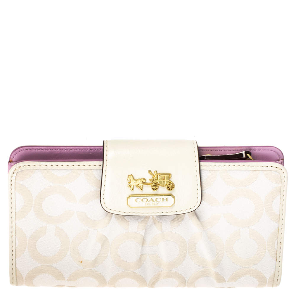 Pre Owned Coach Cream Signature Canvas and Leather Continental Wallet