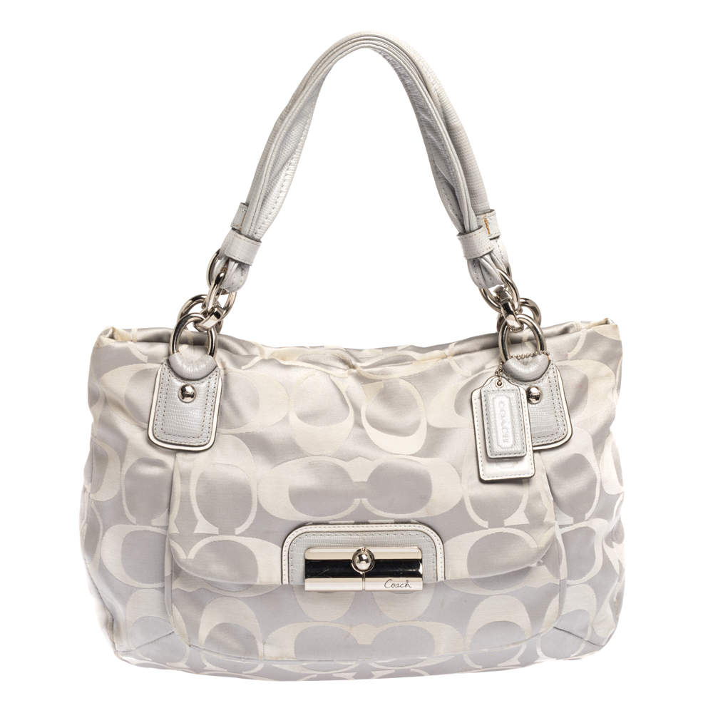 Coach Grey Signature Canvas and Lizard Embossed Leather Small Kristin Hobo