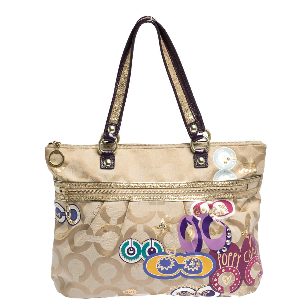 Coach Beige/Purple Canvas and Patent Leather Poppy Tote
