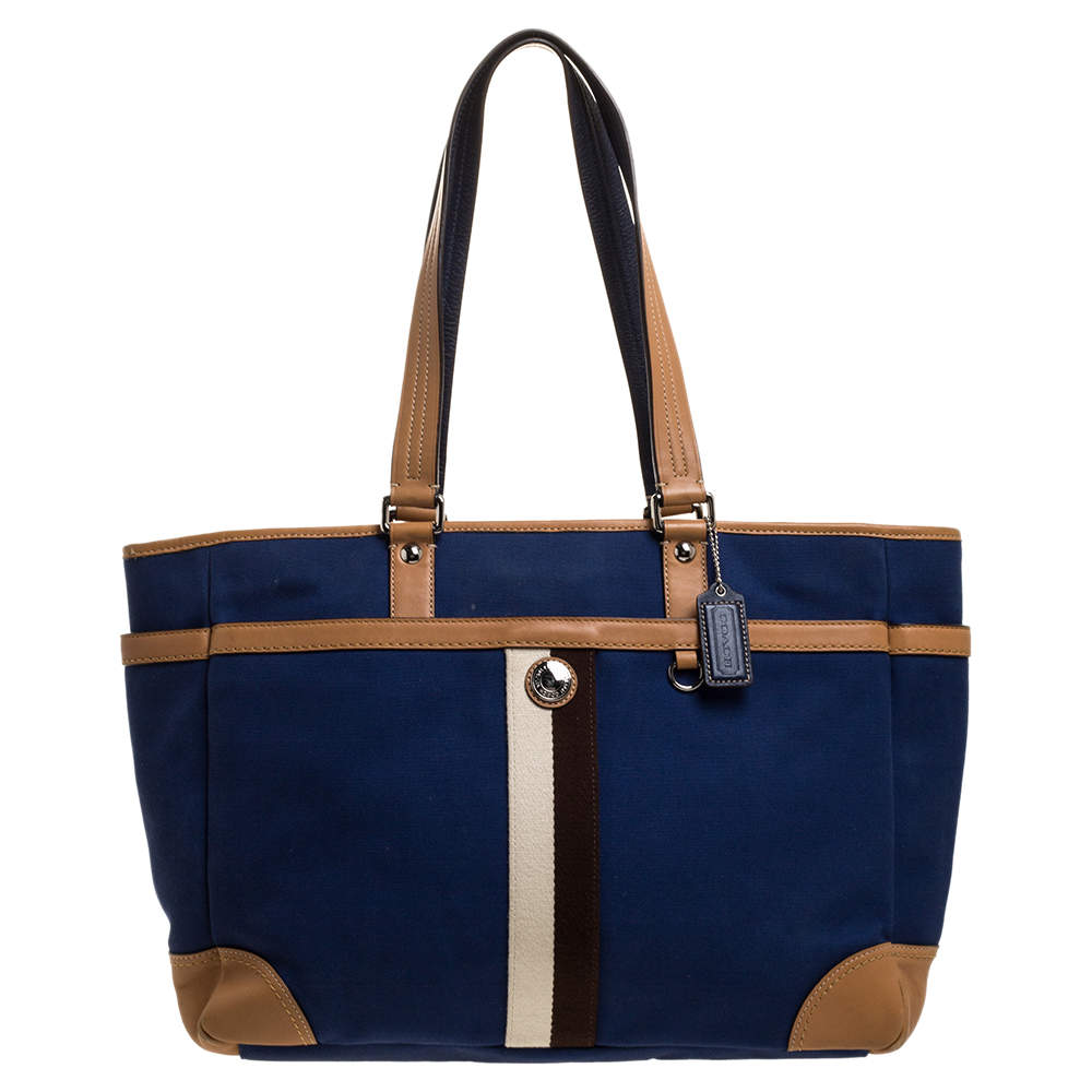 Pre Owned حقيبة كتف كوتش بيبي ديابر جلد وكانفاس بنية/ زرقاء