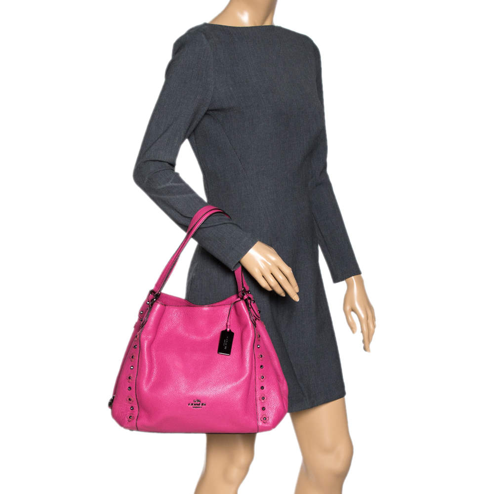 Pre Owned Coach Fuchsia Leather Edie Studded Shoulder Bag